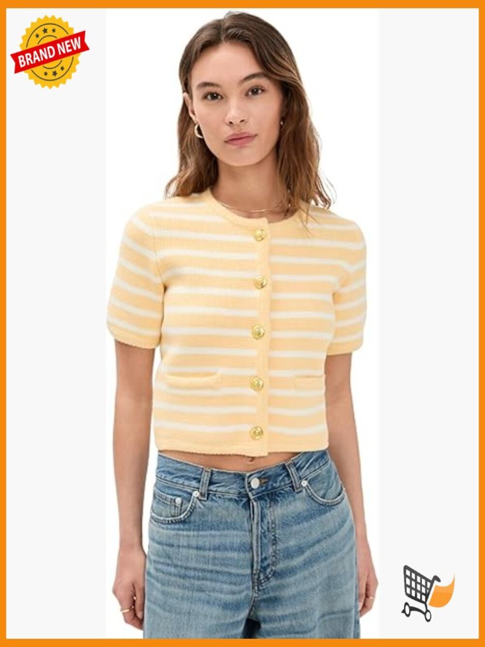 Knit Striped Sweater Cardigan with Welt Pockets